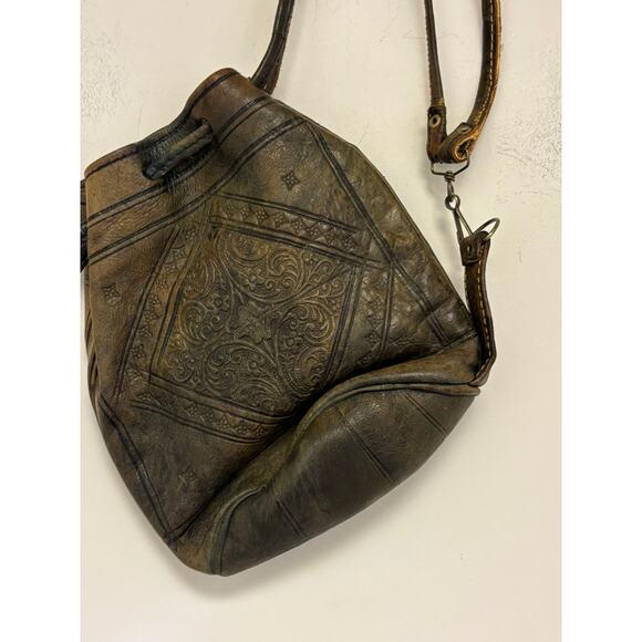 Vintage Tooled Leather Green Brown Backpack Bag - Picture 1 of 4